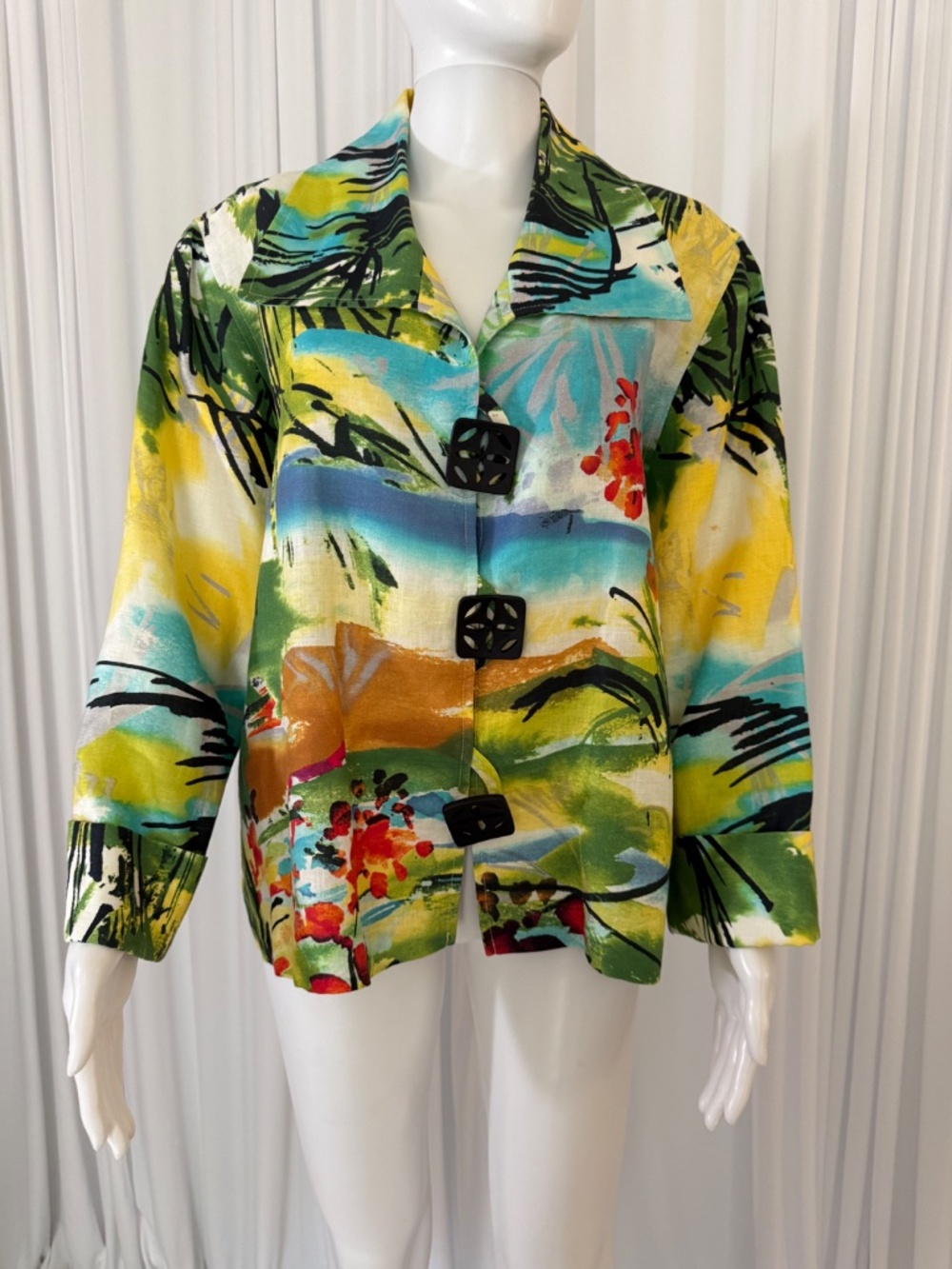 Caroline Rose Linen Jacket L Made USA Abstract Art Print Lined Designer Blazer - Picture 2 of 16